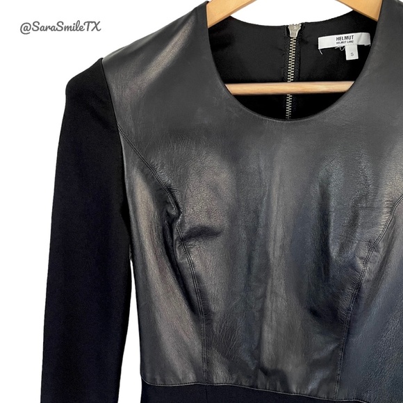 HELMUT LANG Black Lambskin Leather Panel Long Sleeve Mini Dress NWOT - Picture 8 of 16
